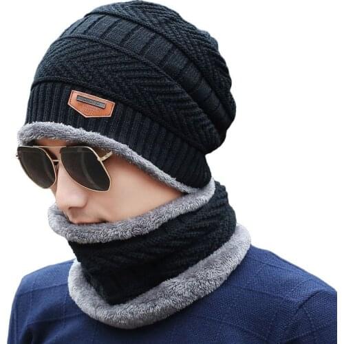 Winter New Mens Windproof Warm Hat and Neck Set. Fashionable Korean Outdoor Pullover with Plush Warm Knitted Hat. Two Piece Set