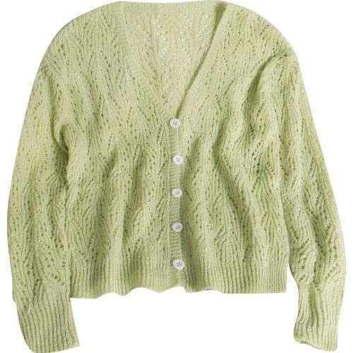 Autumn Thin Section V-neck Long Sleeve Loose Knit Hollow Out Solid Color Cardigan Sweater