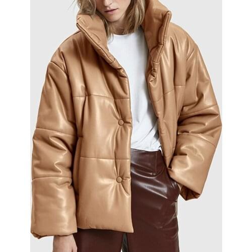 Stand Collar PU Leather Parkas Women Fashion Solid High Imitation Leather Coats Women Elegant Thick Cotton Jackets Female Ladies