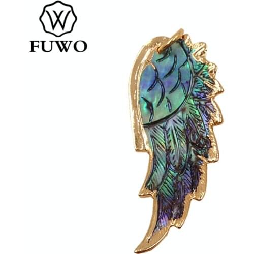 FUWO Carved Feather Shell Pendant With 24K Gold Electroplated Edge Fashion Angel Wings Abalone Shell Jewelry Wholesale PD510