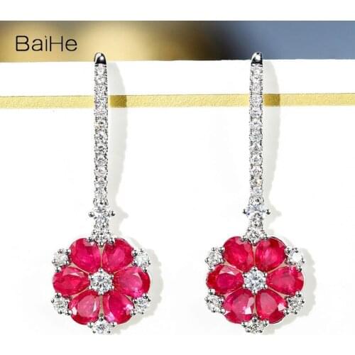 BAIHE Solid 14K White Gold 1.4ct Natural Rubis 0.42ct Natural Diamonds Wedding Engagement Ruby Diamond flower Earrings for women