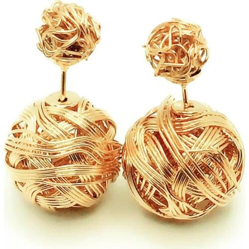 Iron Wire Knit Women Ball Stud Earrings Fashion Elegant Round Wrap Double Sided Size Beads Earrings Female Basic
