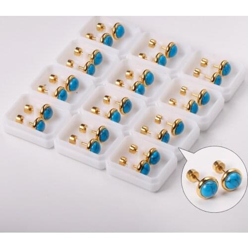 12 Pairs 316L Stainless Steel Round Blue Stone Stud Earrings Gold/Silver Color for Women Girl Fashion Jewelry Accessories