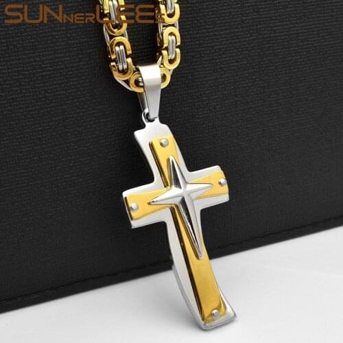 SUNNERLEES Stainless Steel Jesus Christ Cross Pendant Necklace Byzantine Link Chain Silver Color Gold Plated Boy Men SP230