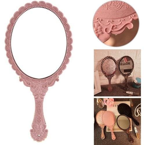 Vintage Handhold Makeup Mirror Pink Repousse Floral Oval Round Cosmetic Hand Held Mirror With Handle For Ladies Beauty Dresser