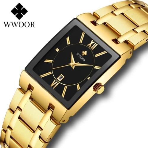WWOOR 2021 Luxury Square Men Watches Top Brand Golden Quartz Watches For Men Sports Waterproof Auto Date Clock Relogio Masculino