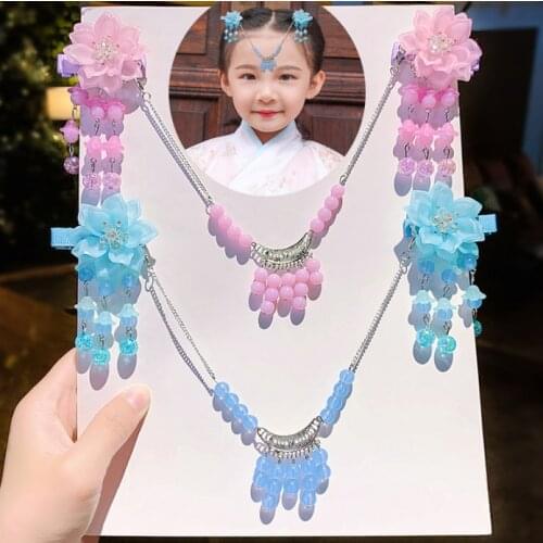 Chinese traditional style pink blue butterfly flowers girls kids hanfu Head Chain Tiara Hair clips for girls Forehead Headband