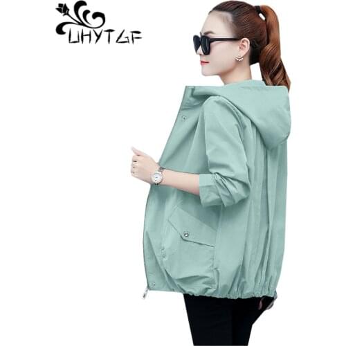 UHYTGF windbreaker women 2020 solid color wild casual short coats fashion hooded baseball uniform autumn trench coat womens 1004