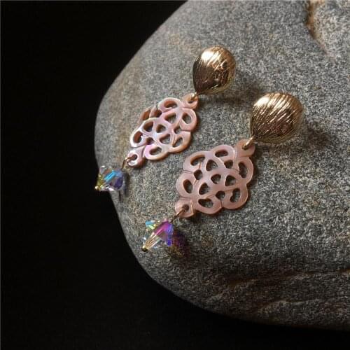 FUWO Chinese Knot Shell Earrings Crystals From Swarovski,Hollow Flower Pattern Ethnic Geometric Dangle Earrings For Women ER530