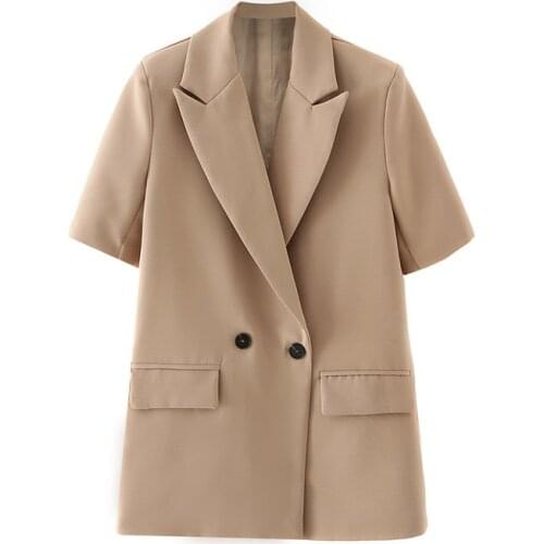 2021 Women Fashion Short Sleeve Fitting Blazer Coat Office Ladies Pockets Casual Suits Double Breasted Chic Summer OL Outerwear