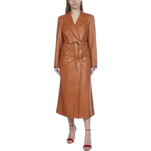 Women Faux Leather Mid-Length Trench Coat Lady Double-Breasted Lace-Up Slim Jacket Female Fashion Long Windbreaker With Pockets