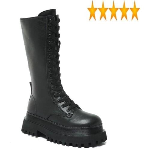 Winter Women Biker Long Warm Real Heel Platform Mid-Calf Punk Casual Black Cow Leather Thigh High Boots