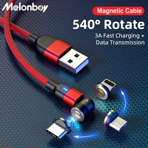 Melonboy 3A Fast Charging Cable Magnetic Plug 540 Rotation Magnet Charging Cable For Iphone Xiaomi Samsung USB Data Cable Charge