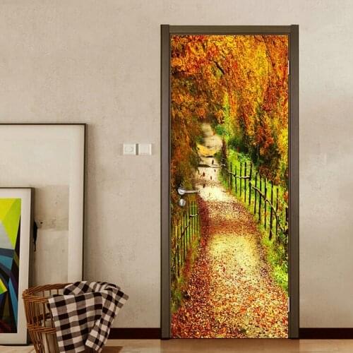 3D DIY Door Sticker Wall Mural Home Decor Vinyl Wallpaper PVC Waterproof Tree Forest Small Road Door Decor Photo Wall Paper 3D