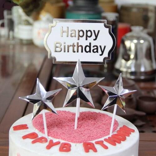 4pcs/set Star Heart Happy Birthday Love Flag Cake Topper Gold Silver Cake Flag Decoration for Birthday Party Wedding Supplies