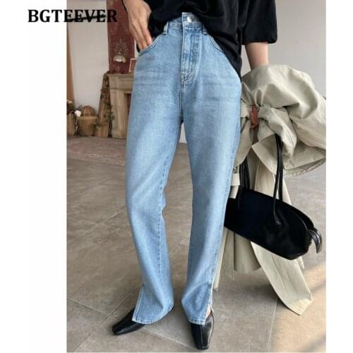 BGTEEVER Casual Side Split Women Solid Denim Pants 2021 Spring Summer Long Pants High Waist Loose Female Straight Jeans Trousers