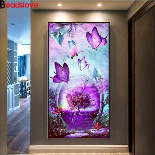 Large DIY Diamond Painting Purple Butterfly Cross Stitch Full Square round Rhinestone Diamond Embroidery Bead Mosaic resin drill