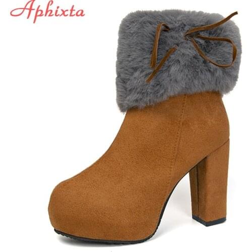APHIXTA Square Heels Ankle Boots Women Platform With Zipper High Heel Winter Warm Plush Faux Fur Shoes Bow Chunky Sole Snow