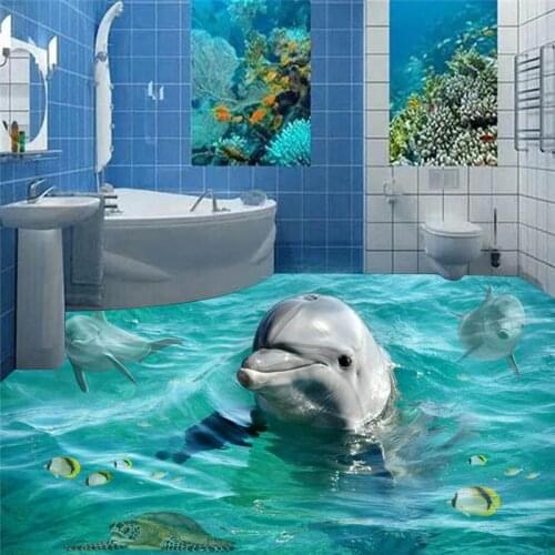 Beibehang Custom Photo Floor murals Wallpaper-3D Stereoscopic Dolphin Ocean Bathroom Murals PVC Self-adhesive wall painting