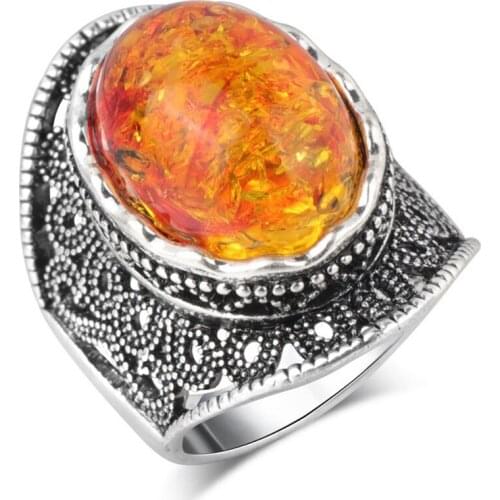 FYSL Antique Silver Plated Oval Shape Ambers Finger Ring for Anniversary Gift Jewelry