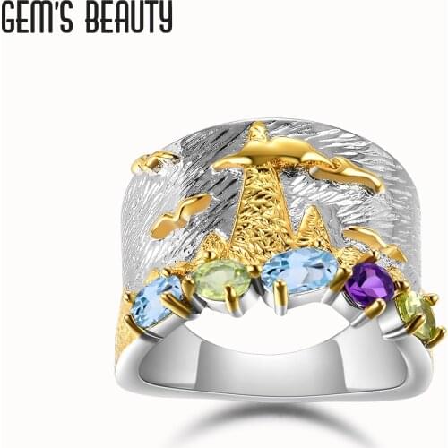Gems Beauty 925 Sterling Silver Rings For Women Fine Jewelry Original Handmade Gold Plated Minimalist Swiss Blue Topaz Amethyst