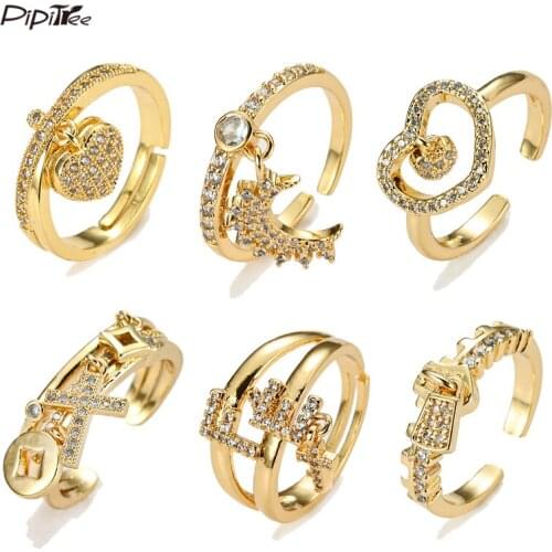 Pipitree Women’s CZ Rings With Charms Cubic Zirconia Heart Cross Ring Open Size Wedding Party Luxury Jewelry Birthday Gift