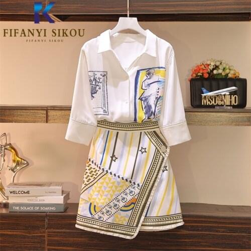 Summer Women Plus Size Two piece set Half sleeve Lapel Chiffon Shirt And High waist Mini Skirt Fashion Print 2 piece set Women