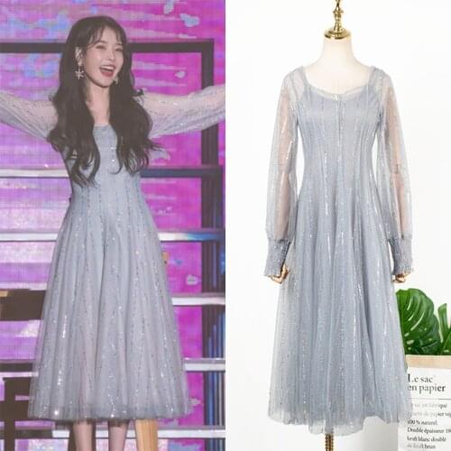 KPOP IU Lee Ji Eun New Fashion Mesh Perspective Sexy Dress Women Evening Party Temperament Elegant Long Sleeved Sequin Dresses