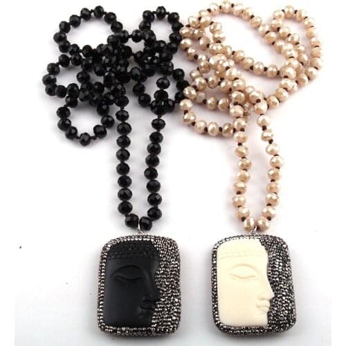 Fashion Bohemian Tribal Jewelry Crystal Glass Long Knotted Handmake Paved buddha face Pendant Necklaces Women Ethnic Necklace