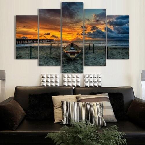 Wall Art Canvas Painting 5 Panels The Sea Beach Sunset Seascape Poster Printed Home Living Room Decoration
