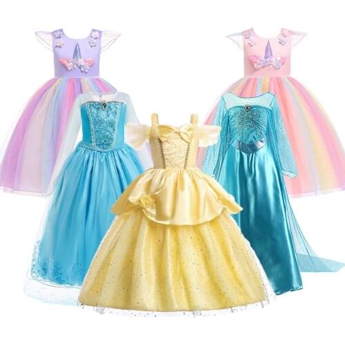 Girls Christmas Costume Kids Rapunzel Elsa Anna Unicorn Belle Cinderella Dress Child Birthday Princess Party Costume