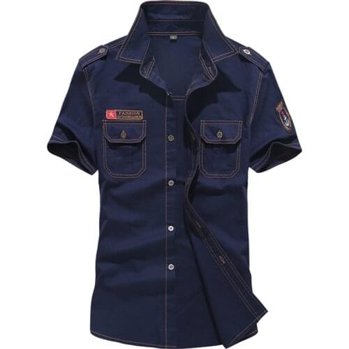 Men 2021 New Summer Mens Solid Military Short Sleeves Shirts Cotton Breathable Loose Denim Shirt