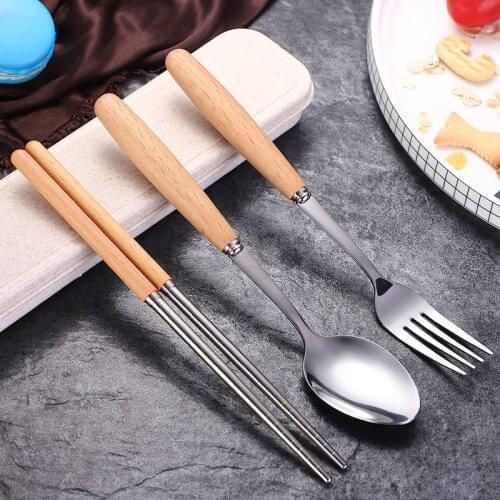 Beech handle tableware set stainless steel spoon Fork chopsticks set student gift tableware box three-piece set