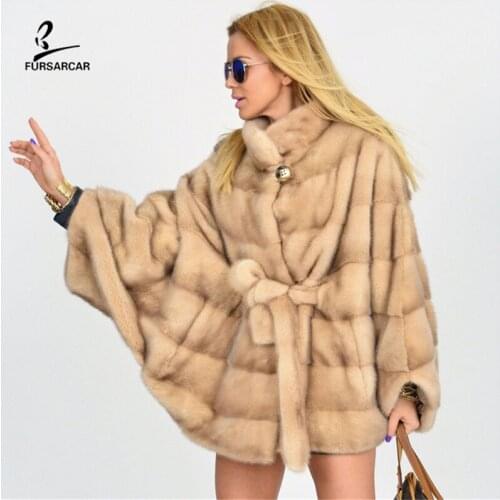 FURSARCAR 2020 Women Minks Coat For Female Winter Real Fur Capes And Shawl Luxury Fashion Genuine Loose Mink Fur Jacket