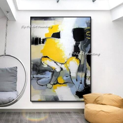 Modern Abstract Handmade Geometric Space black white yellow figures Canvas Painting Art pictures Home Decor