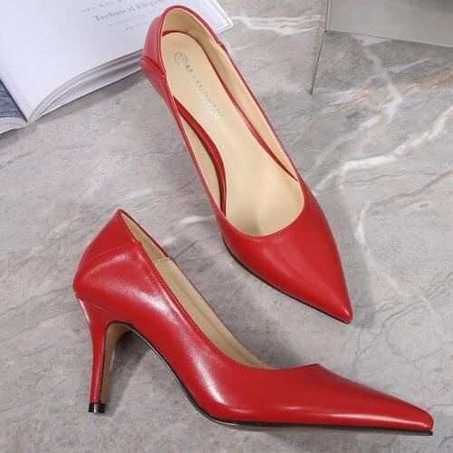 Women Pumps Spring Autumn Pointed Toe Soft Leather Pumps Med Heels Pumps Office Woman Sliver Red Shoes Big Size 35-46 DA0004