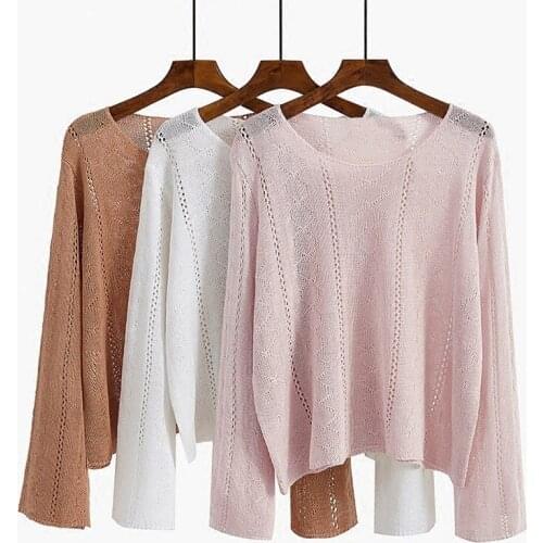 2021 Spring New Pullover Trumpet Sleeve Hollow Out Blouse Thin Ice Silk T-shirt For Women