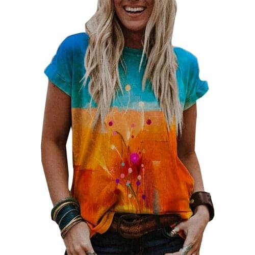 Women Roll Up Short Sleeve T Shirts Rainbow Striped Floral Dandelion Print Pullover Tunic Top O-Neck Casual Loose Blouse