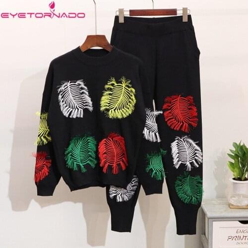 Women 2 Piece Pant Set Casual Feather Embroidery Tassel Knitted Trouser Jumper Top and Pant Set Sports Outfit Track Suit E6694