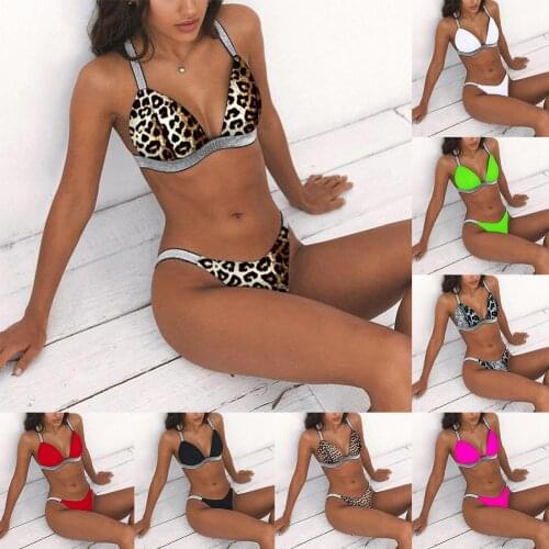 Women Solid Color Leopard Snakeskin Glitter Strap Push Up Bikini Set Swimsuit