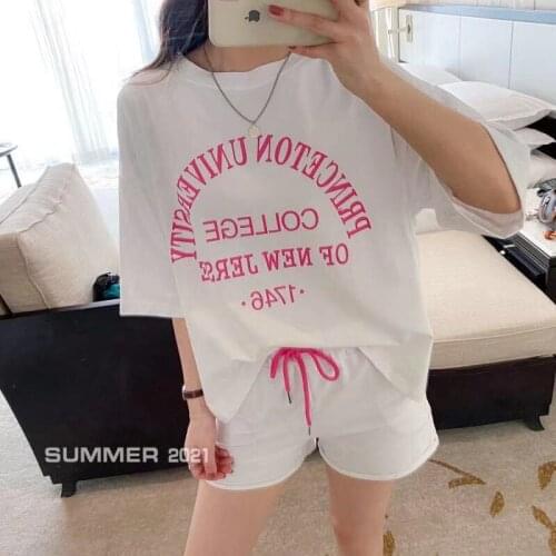 Summer 2 Piece Casual Tracksuit Outfits Women 2021 Fashion Letter Loose Casual Tee Top Drawstring Sweat Shorts Set Teenager