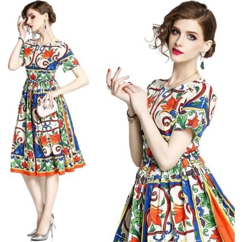 Summer dress for women temperament elegant retro round neck slim pendulum printed short sleeve medium and long dress