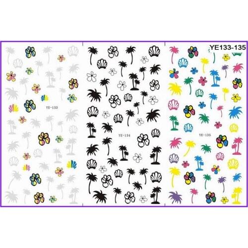3 PACKS/LOT WATER NAIL STICKER DECAL BLACK GREY MULTI COLORS CONCH PALM TREE FLOWER YE133-135