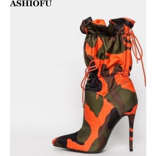 ASHIOFU Handmade Ladies High Heel Boots Camouflage Party Prom Ankle Boots Shoelace Sexy Evening Fashion Stiletto Boots Shoes