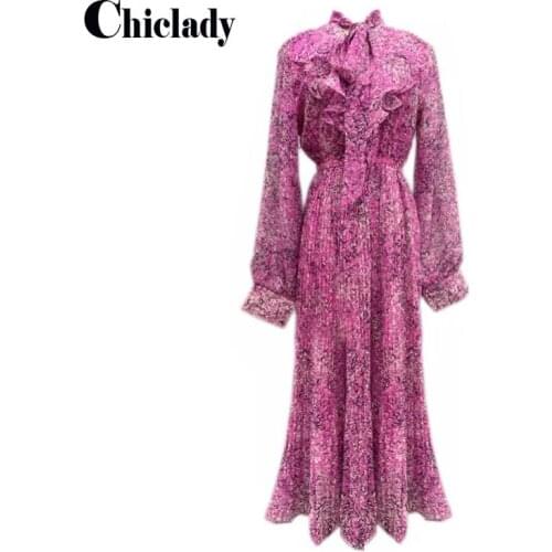 CHICLADY summer spring chiffon maxi pleated dress for women floral printed ruffles long sleeve holiday lace up robe boho vestido