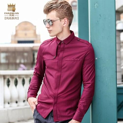 Fanzhuan Free shipping New 2017 fashion casual male mens long sleeved shirt Epaulet badges man blouse frock 713165 wine red