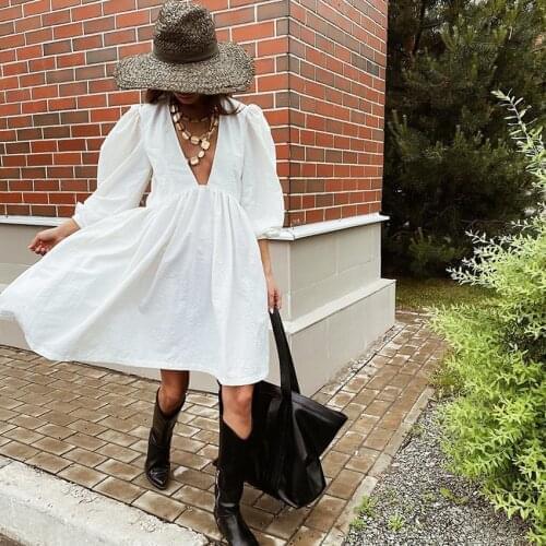 Cotton Dress White Black Deep V Neck Long Puff Sleeve Mini Dress 2020 Fashion Autumn High Waist A Line Casual Daily Dress
