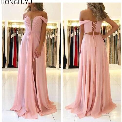 HONGFUYU A Line Chiffon Prom Evening Dresses Sexy Lace Up Back Long Evening Gowns Off Shoulder Vestidos Formal Gown Side Split