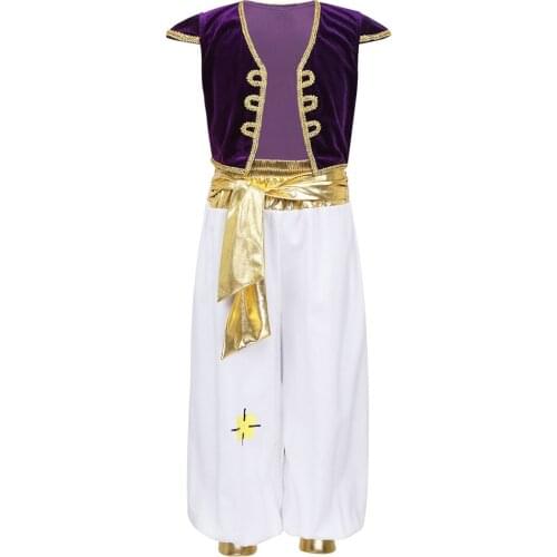 TiaoBug Kids Boys Arabian Prince Costume Cap Sleeves Vest Waistcoat with Pants Performance Halloween Roleplay Theme Party Outfit