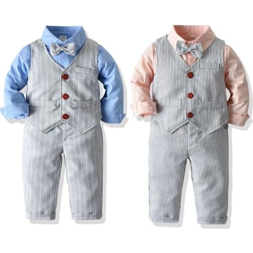 Baby Boy Party Bow Tie Suit Toddler Gentleman Tops Pant Stripe Clothes Outfit